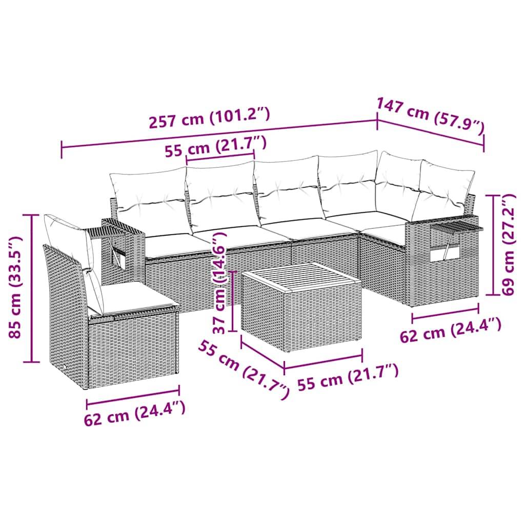 vidaXL 7-tlg. Garten-Sofagarnitur mit Kissen Schwarz Poly Rattan