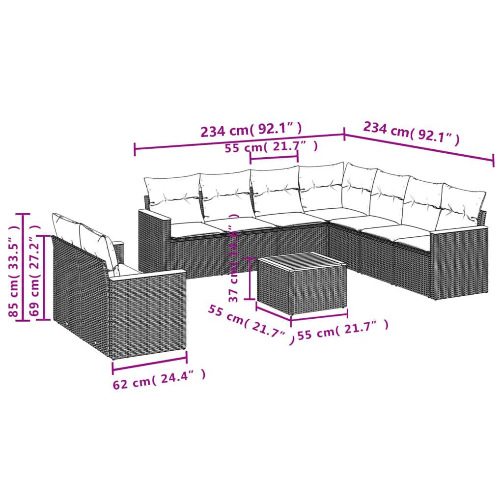vidaXL 10-teiliges Gartensofa-Set mit Kissen, schwarzes Polyrattan