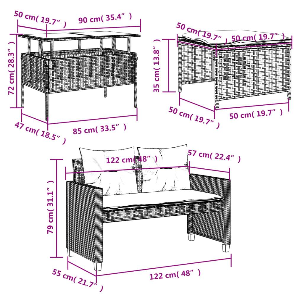vidaXL 4-tlg. Garten-Sofagarnitur mit Kissen Braun Poly Rattan Glas