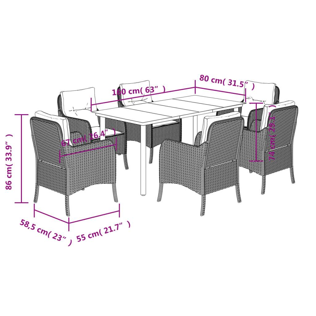 vidaXL 7-tlg. Garten-Essgruppe mit Kissen Braun Poly Rattan