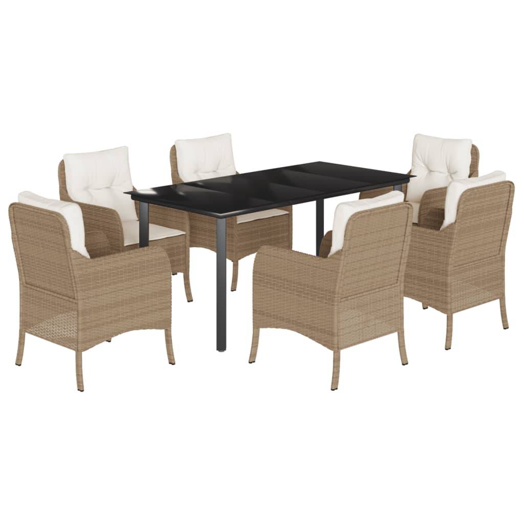 vidaXL 7-tlg. Garten-Essgruppe mit Kissen Beige Poly Rattan