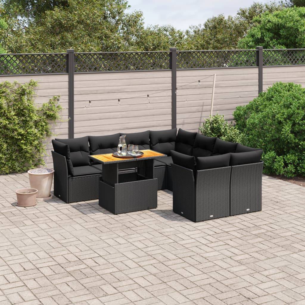 vidaXL 9-tlg. Garten-Sofagarnitur mit Kissen Schwarz Poly Rattan