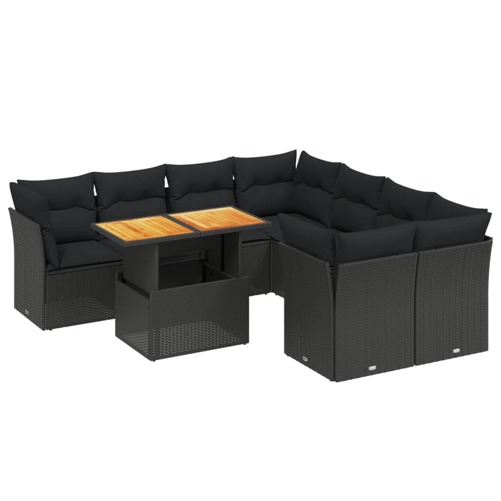 vidaXL 9-tlg. Garten-Sofagarnitur mit Kissen Schwarz Poly Rattan