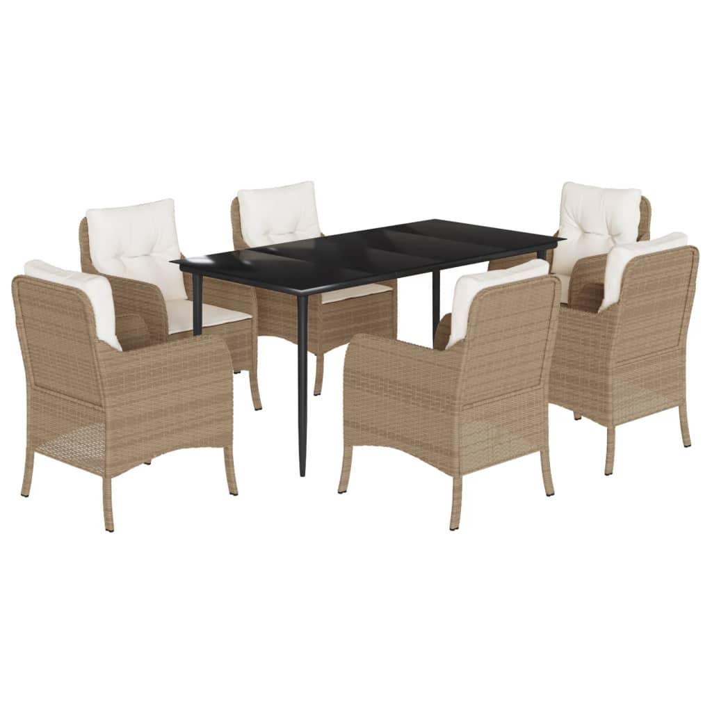vidaXL 7-tlg. Garten-Essgruppe mit Kissen Beige Poly Rattan
