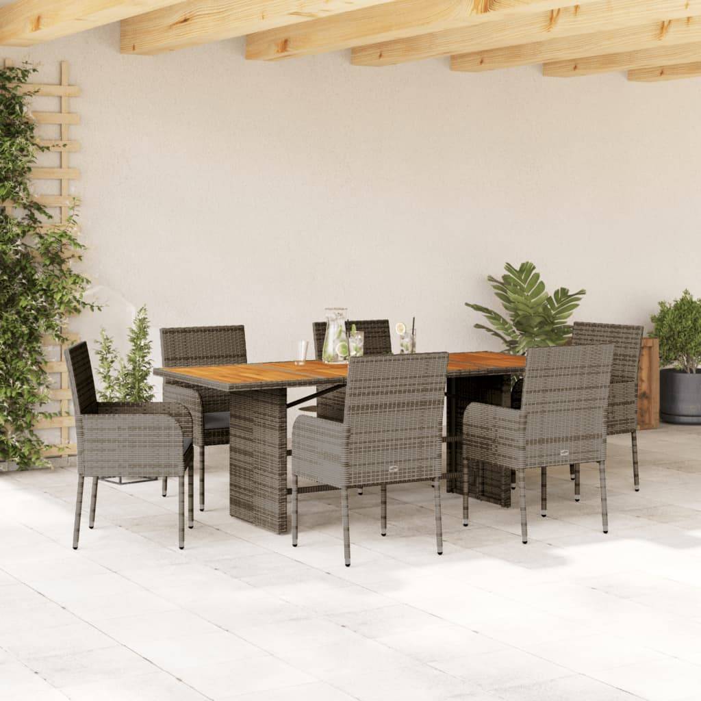 vidaXL 7-tlg. Garten-Essgruppe mit Kissen Grau Poly Rattan