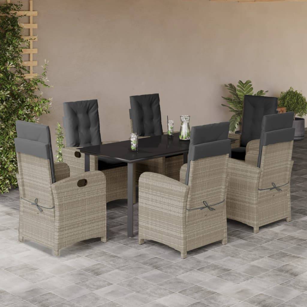 vidaXL 7-tlg. Garten-Essgruppe mit Kissen Hellgrau Poly Rattan