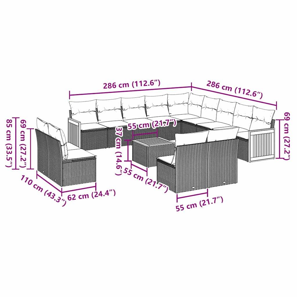 vidaXL 14-tlg. Garten-Sofagarnitur mit Kissen Schwarz Poly Rattan