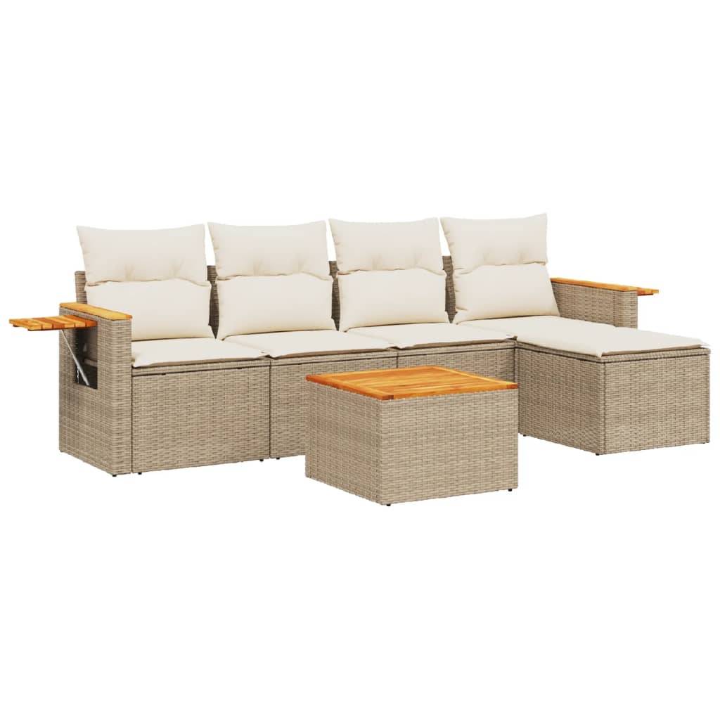 vidaXL 6-tlg. Garten-Sofagarnitur mit Kissen Beige Poly Rattan