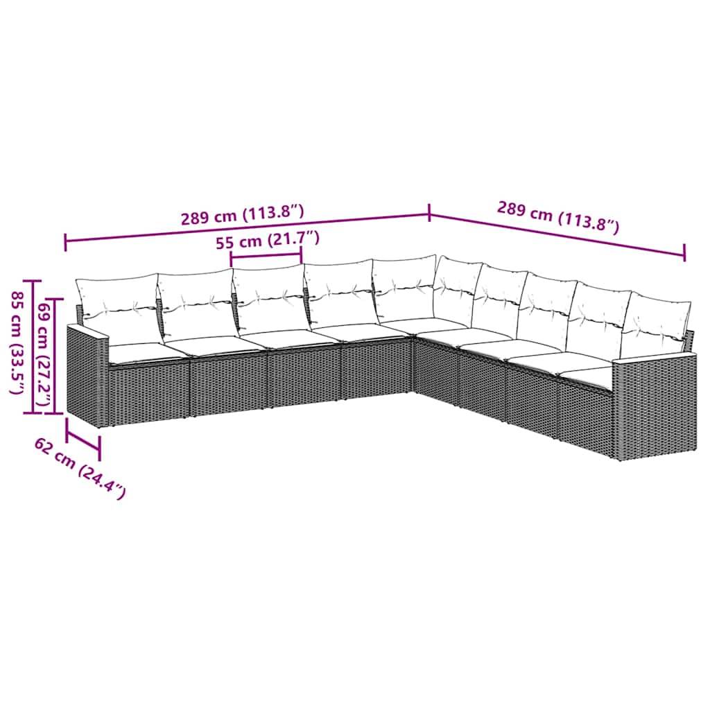 vidaXL 9-tlg. Garten-Sofagarnitur mit Kissen Schwarz Poly Rattan