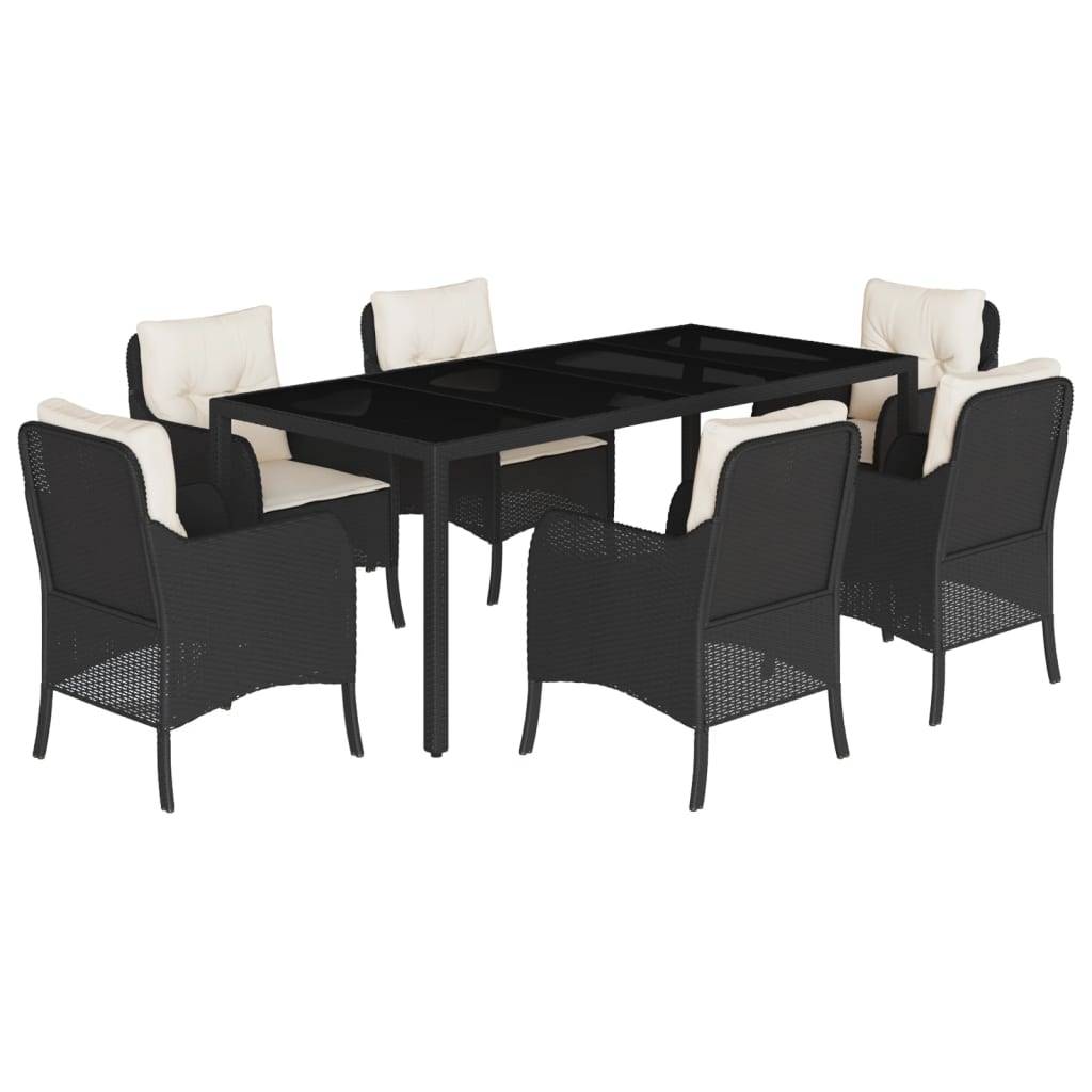 vidaXL 7-tlg. Garten-Essgruppe mit Kissen Schwarz Poly Rattan