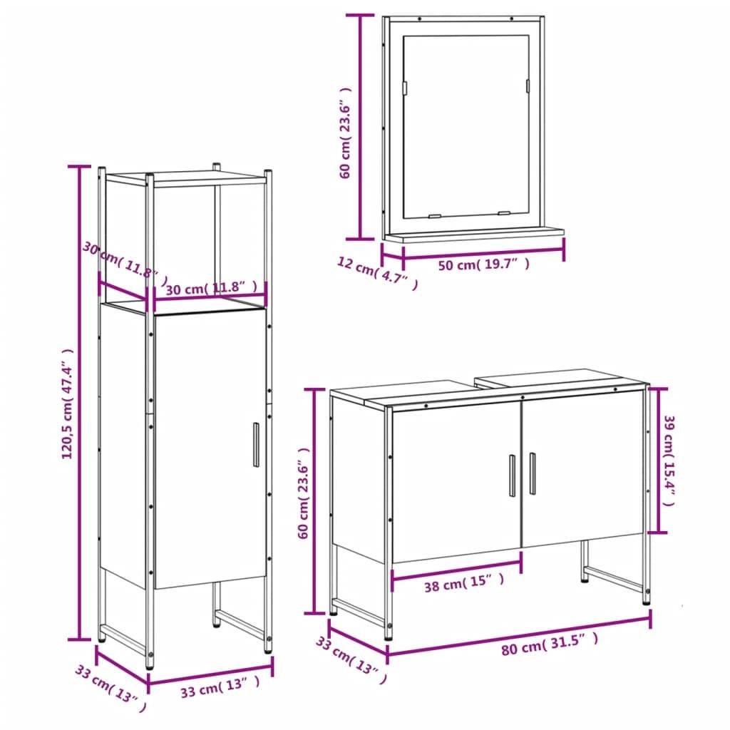 vidaXL 3-tlg. Badmöbel-Set Räuchereiche Holzwerkstoff