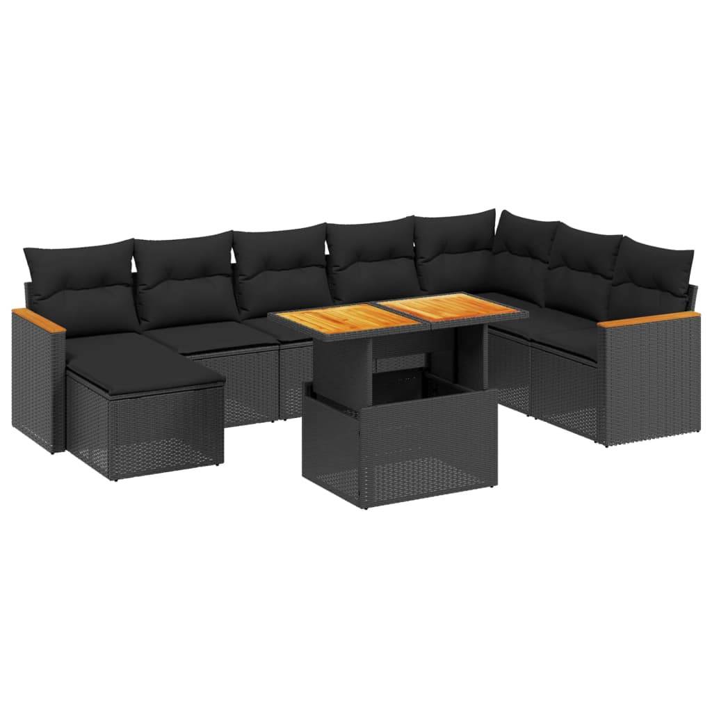 vidaXL 9-tlg. Garten-Sofagarnitur mit Kissen Schwarz Poly Rattan