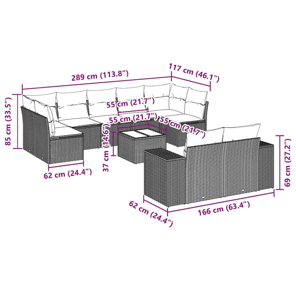 vidaXL 10-tlg. Garten-Sofagarnitur mit Kissen Schwarz Poly Rattan