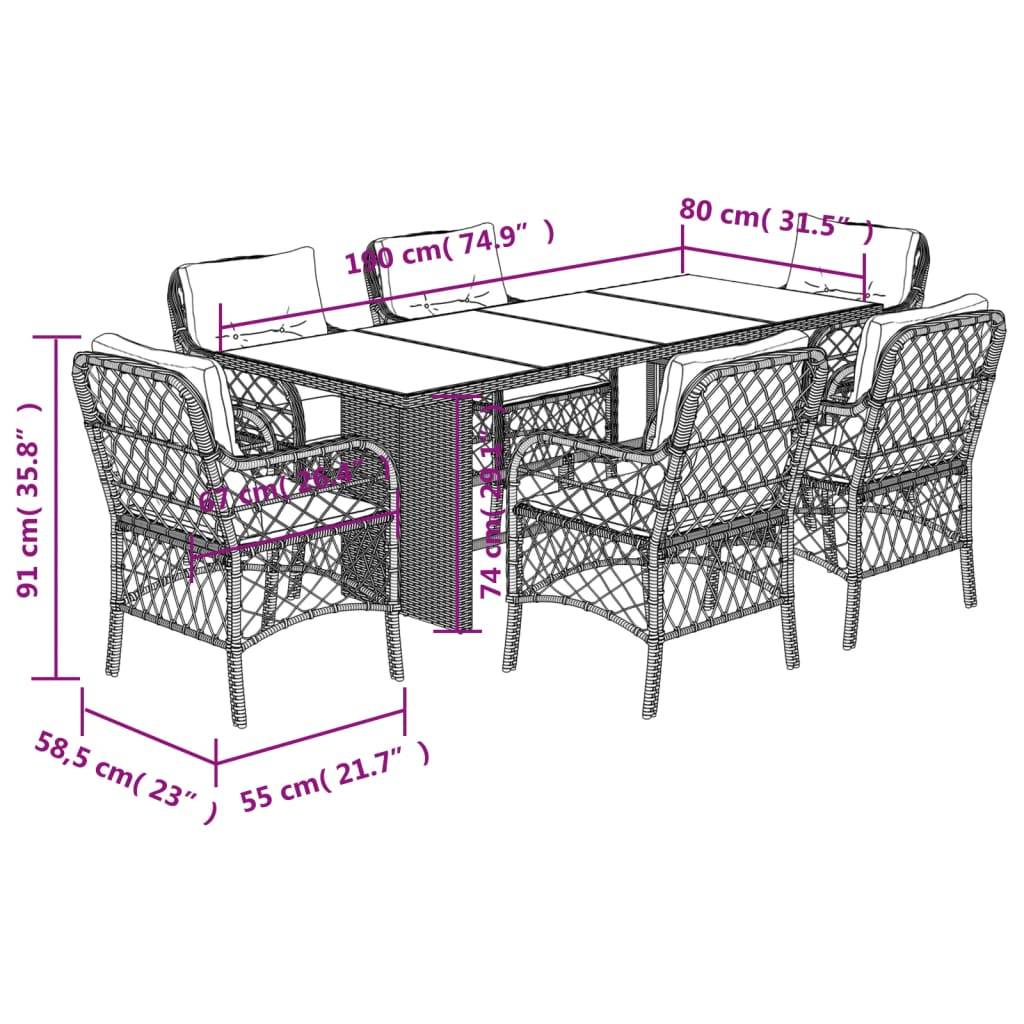 vidaXL 7-tlg. Garten-Essgruppe mit Kissen Grau Poly Rattan