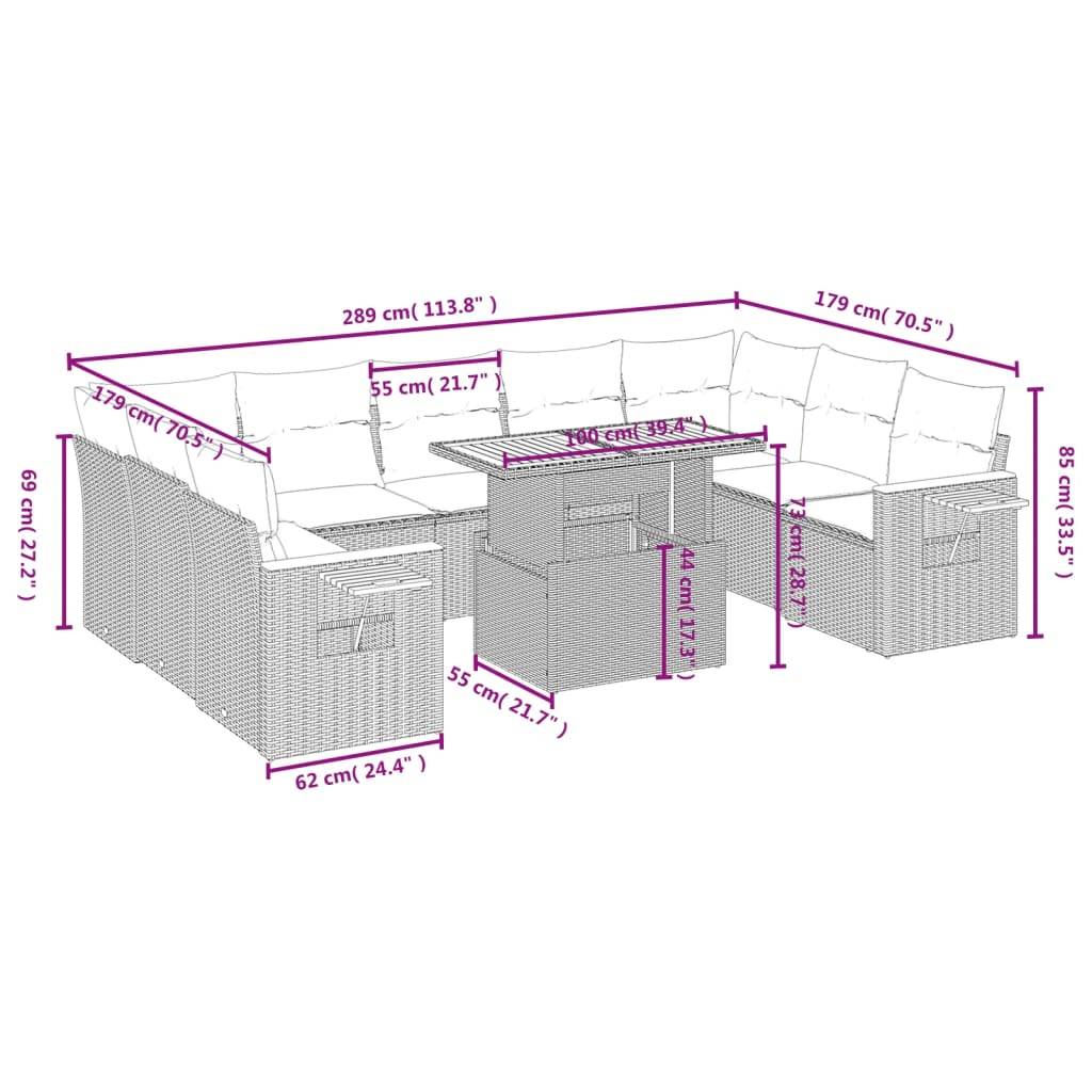 vidaXL 10-tlg. Garten-Sofagarnitur mit Kissen Schwarz Poly Rattan