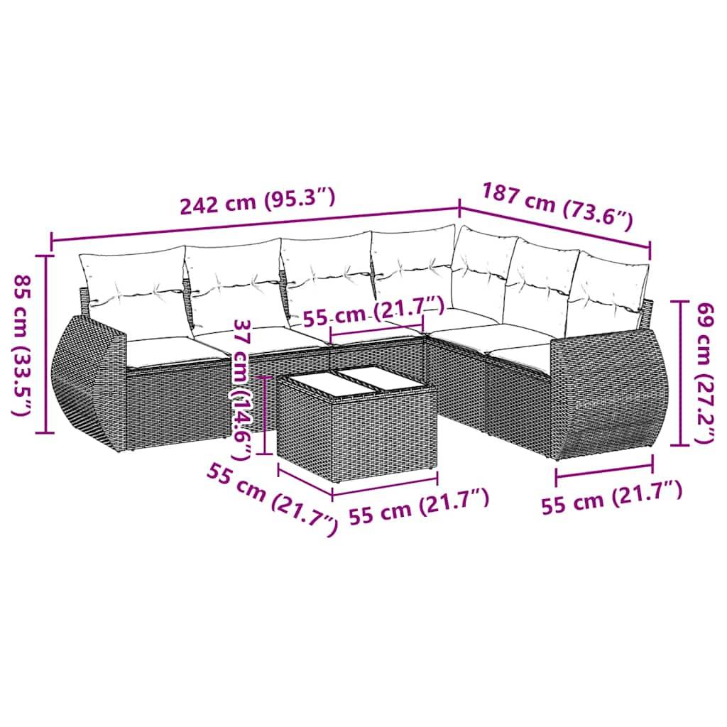 vidaXL 7-tlg. Garten-Sofagarnitur mit Kissen Schwarz Poly Rattan