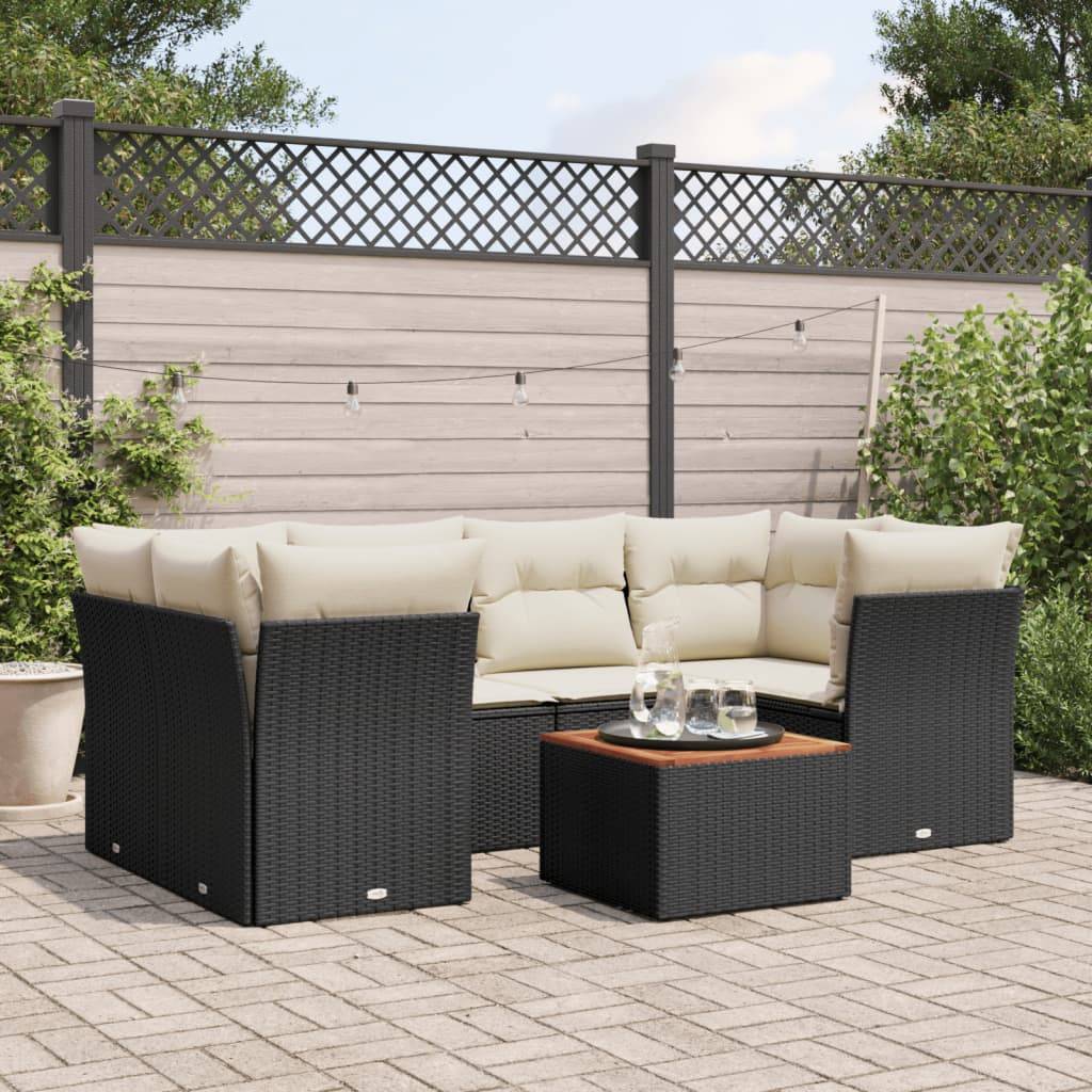 vidaXL 7-tlg. Garten-Sofagarnitur mit Kissen Schwarz Poly Rattan