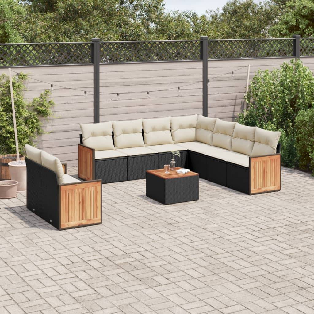 vidaXL 10-tlg. Garten-Sofagarnitur mit Kissen Schwarz Poly Rattan
