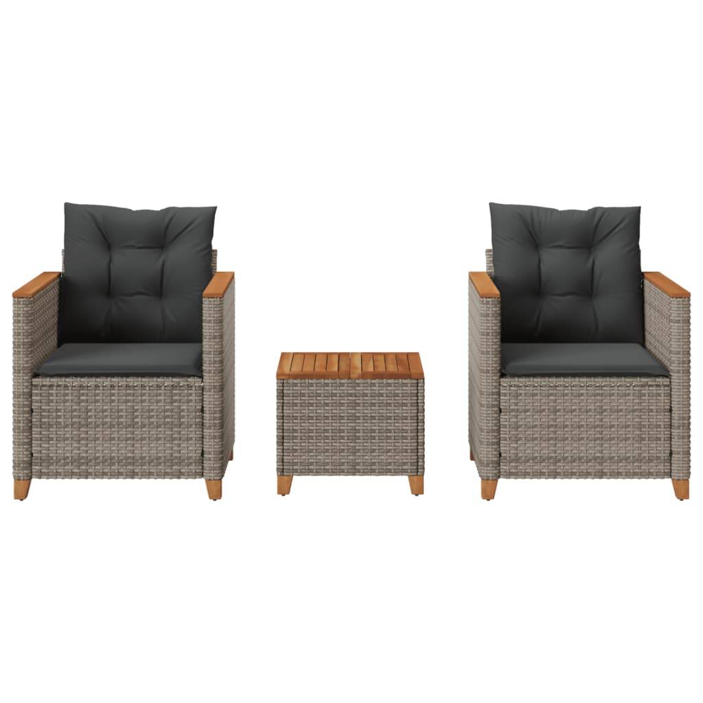 vidaXL 3-tlg. Bistro-Set mit Kissen Grau Poly Rattan Akazienholz