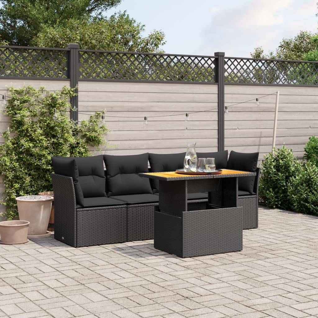 vidaXL 5-tlg. Garten-Sofagarnitur mit Kissen Schwarz Poly Rattan