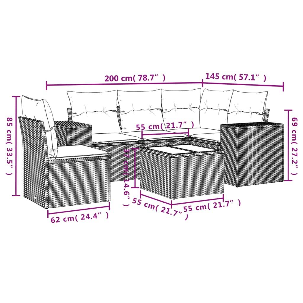 vidaXL 6-tlg. Garten-Sofagarnitur mit Kissen Braun Poly Rattan