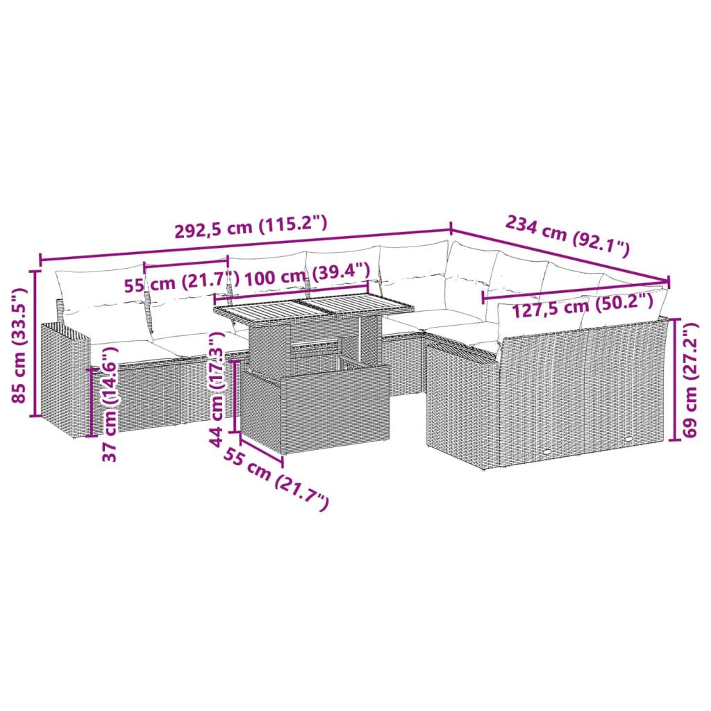 vidaXL 10-tlg. Garten-Sofagarnitur mit Kissen Schwarz Poly Rattan
