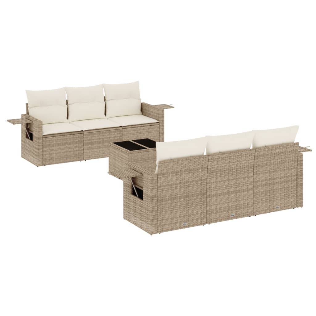 vidaXL 7-tlg. Garten-Sofagarnitur mit Kissen Beige Poly Rattan