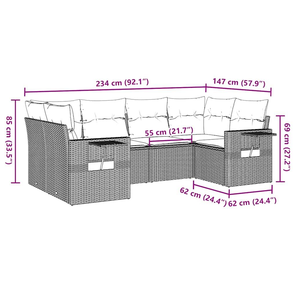 vidaXL 6-tlg. Garten-Sofagarnitur mit Kissen Braun Poly Rattan