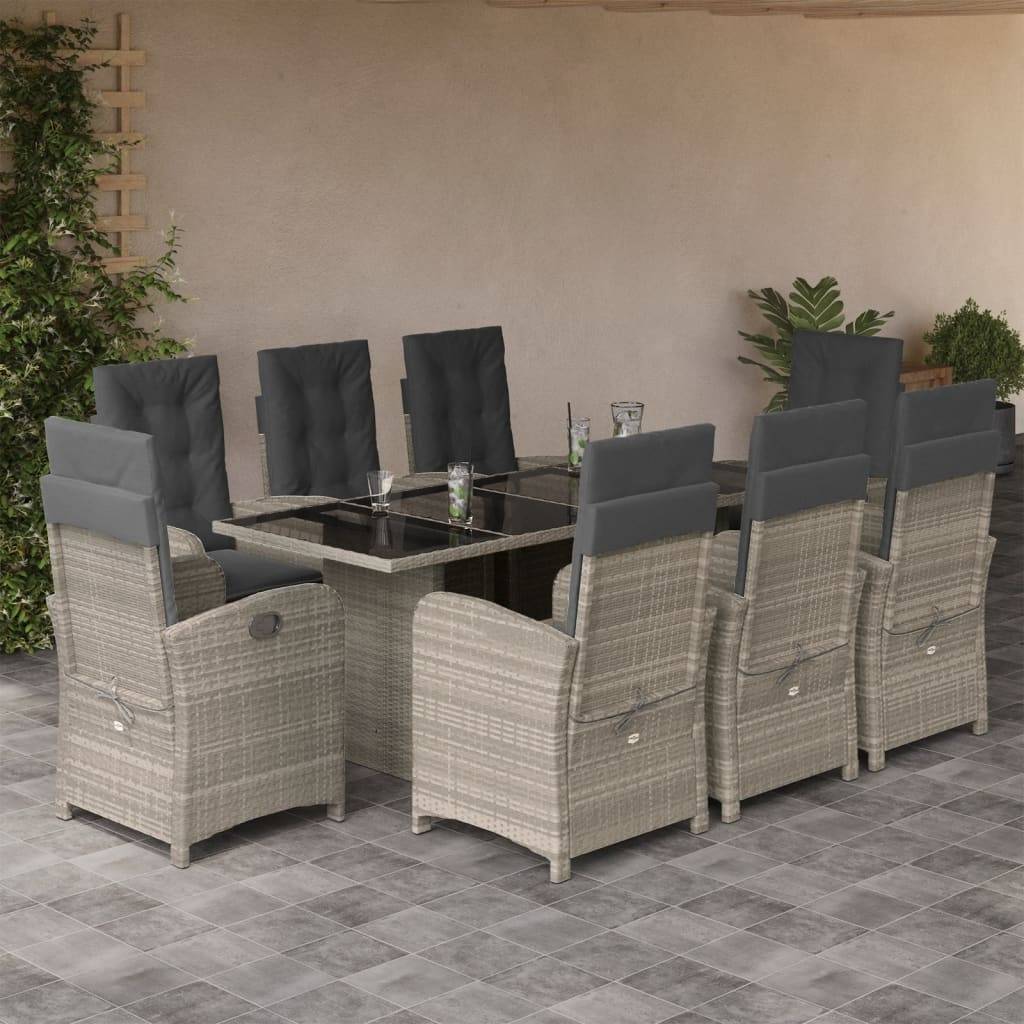 vidaXL 9-tlg. Garten-Essgruppe mit Kissen Hellgrau Poly Rattan