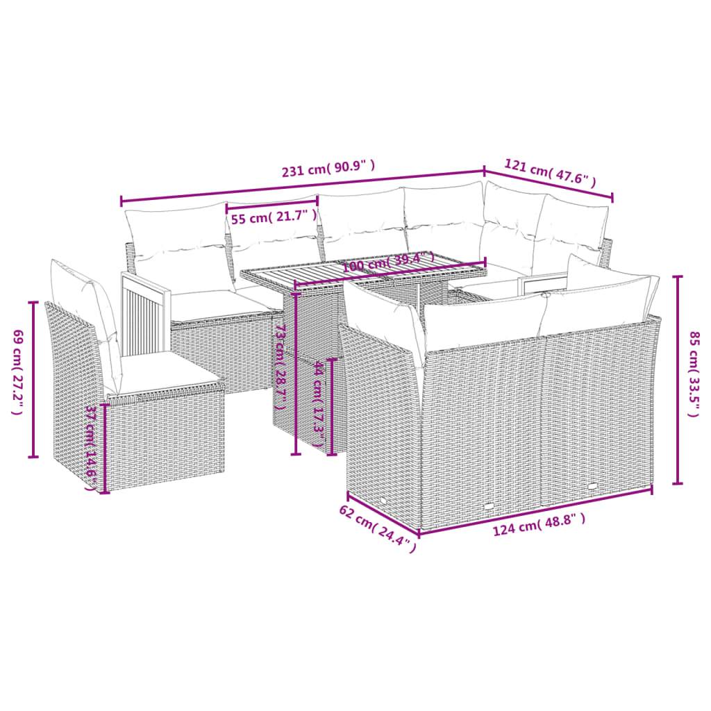 vidaXL 9-tlg. Garten-Sofagarnitur mit Kissen Schwarz Poly Rattan