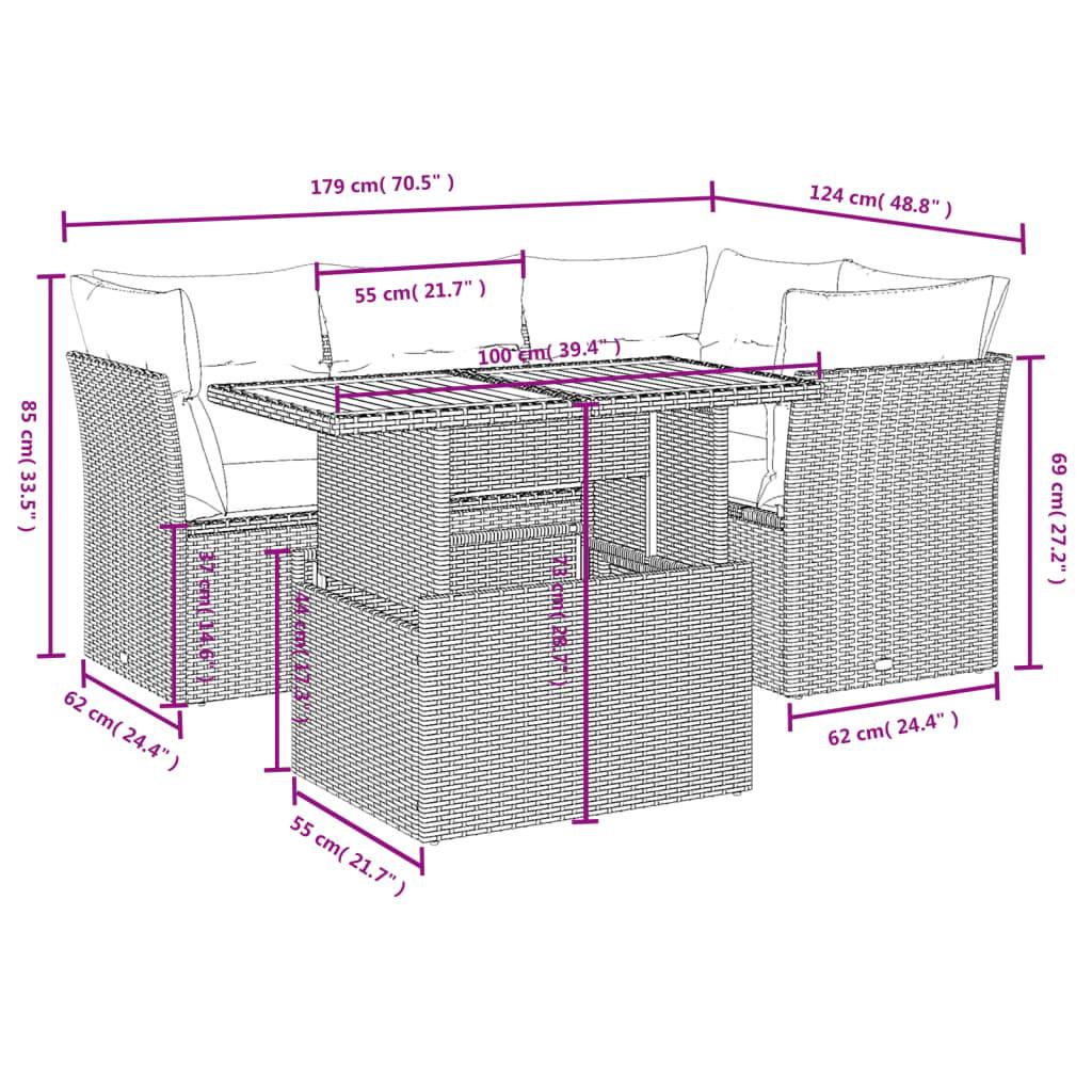 vidaXL 5-tlg. Garten-Sofagarnitur mit Kissen Schwarz Poly Rattan