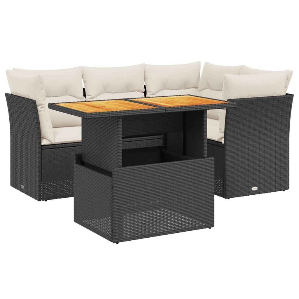 vidaXL 5-tlg. Garten-Sofagarnitur mit Kissen Schwarz Poly Rattan
