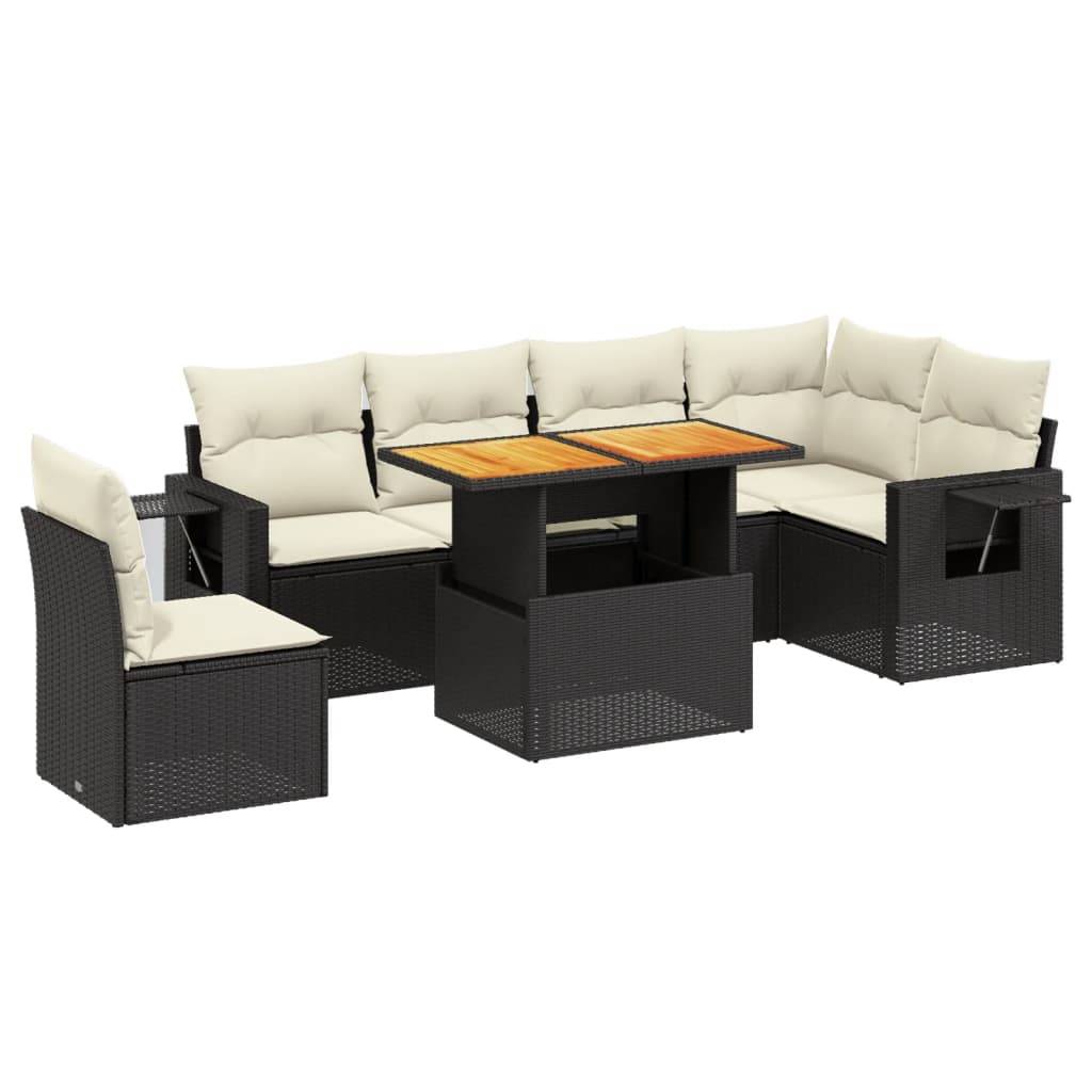 vidaXL 7-tlg. Garten-Sofagarnitur mit Kissen Schwarz Poly Rattan