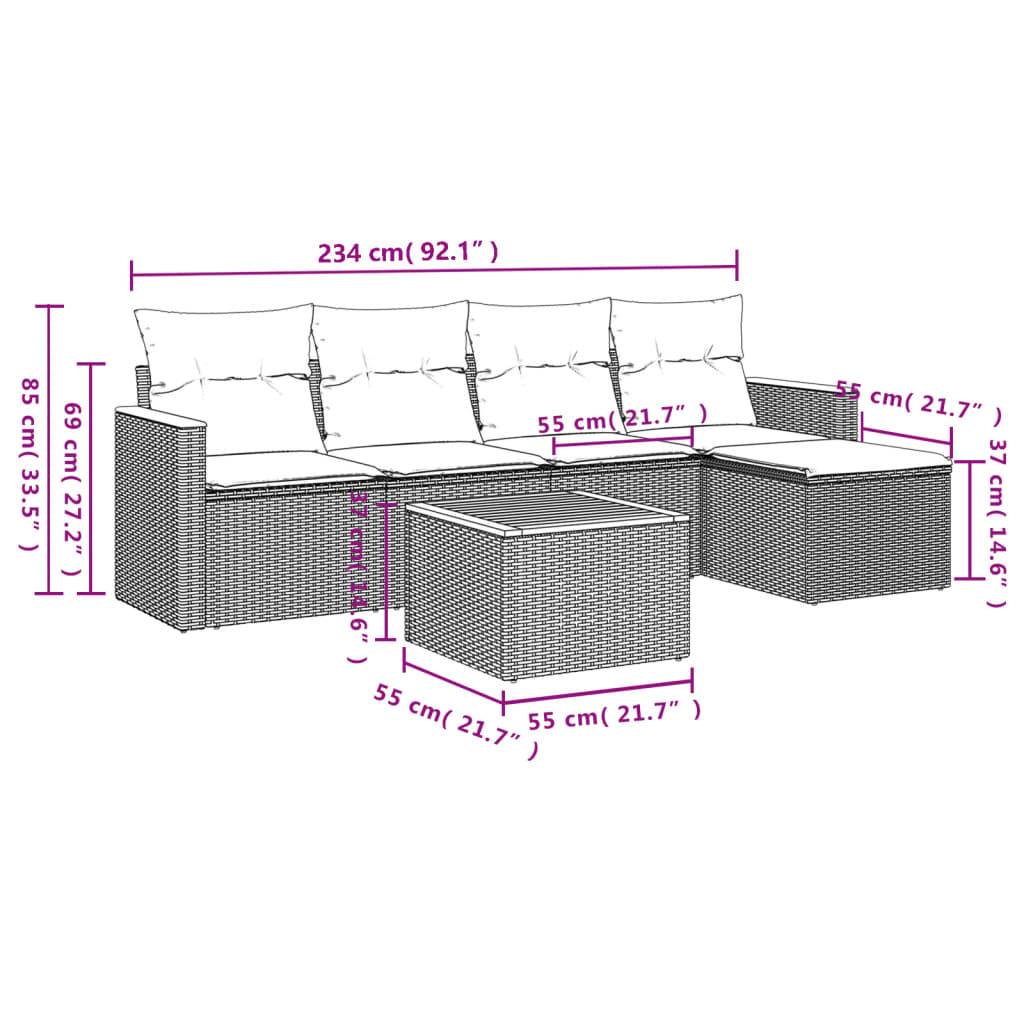 vidaXL 6-teiliges Gartensofa-Set mit Kissen, schwarzes Polyrattan