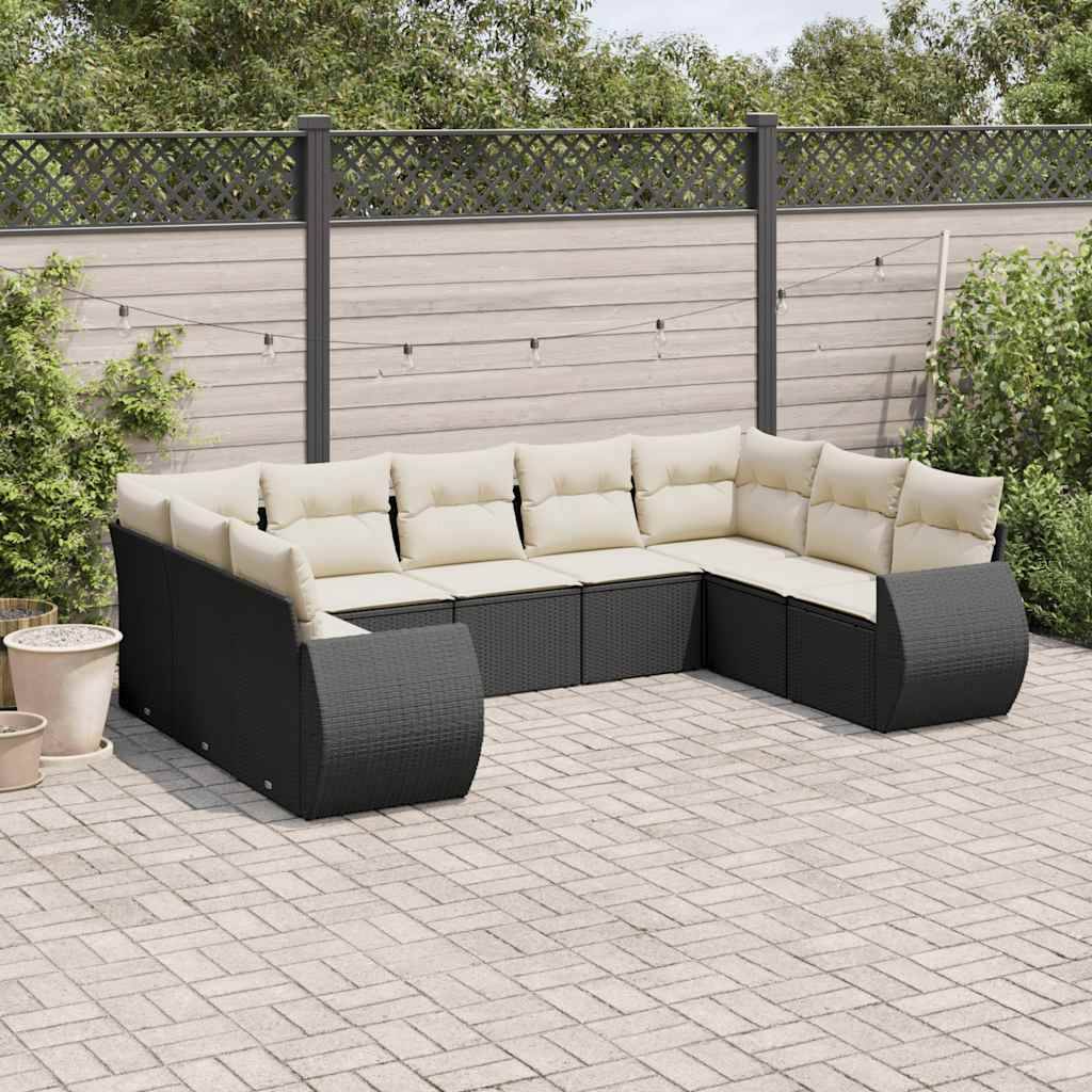 vidaXL 9-tlg. Garten-Sofagarnitur mit Kissen Schwarz Poly Rattan