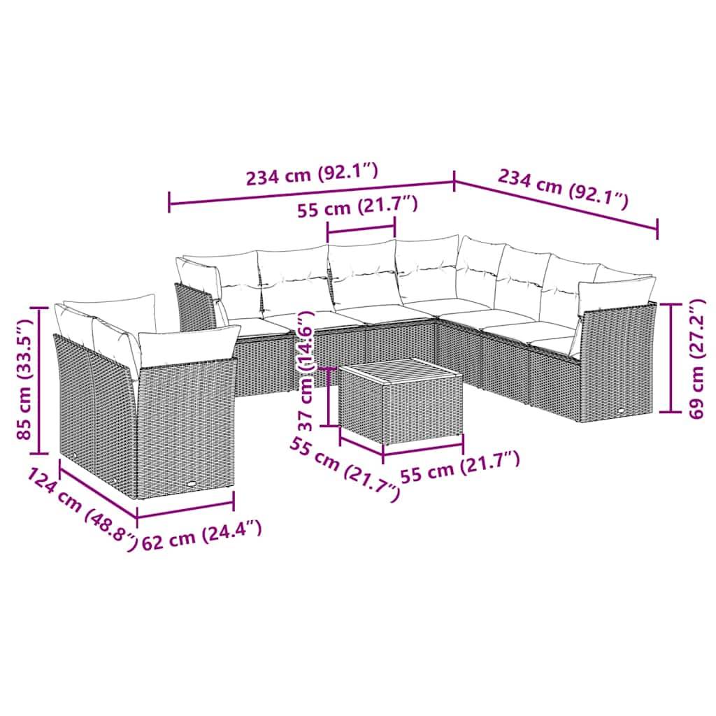 vidaXL 11-tlg. Garten-Sofagarnitur mit Kissen Schwarz Poly Rattan