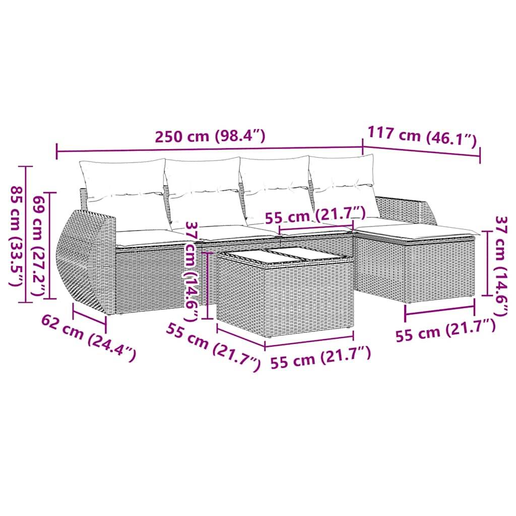 vidaXL 6-tlg. Garten-Sofagarnitur mit Kissen Schwarz Poly Rattan