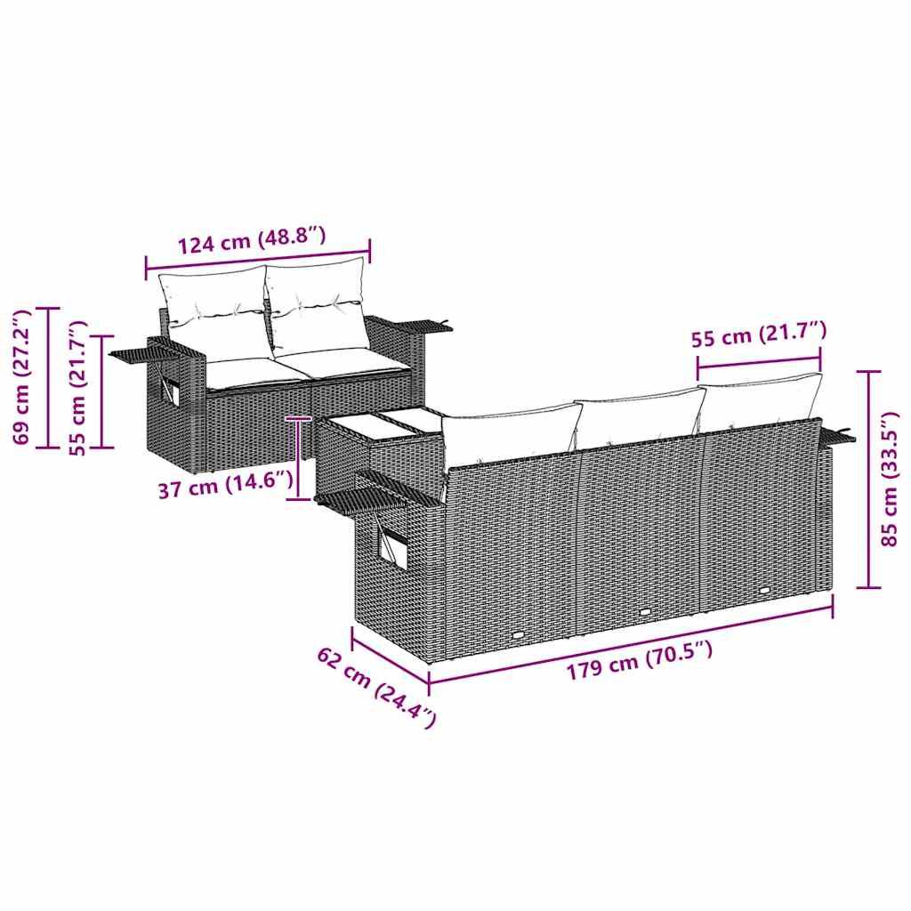 vidaXL 6-tlg. Garten-Sofagarnitur mit Kissen Schwarz Poly Rattan