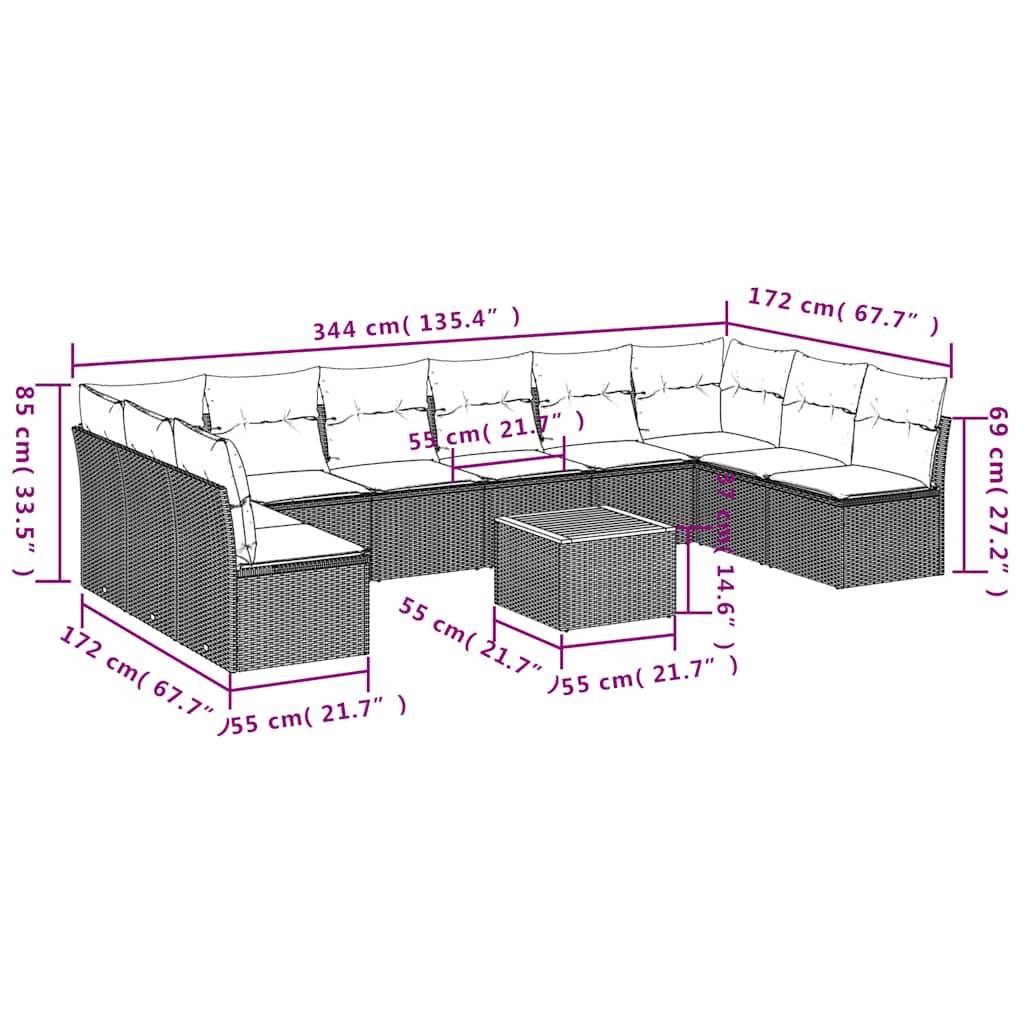 vidaXL 11-tlg. Garten-Sofagarnitur mit Kissen Schwarz Poly Rattan