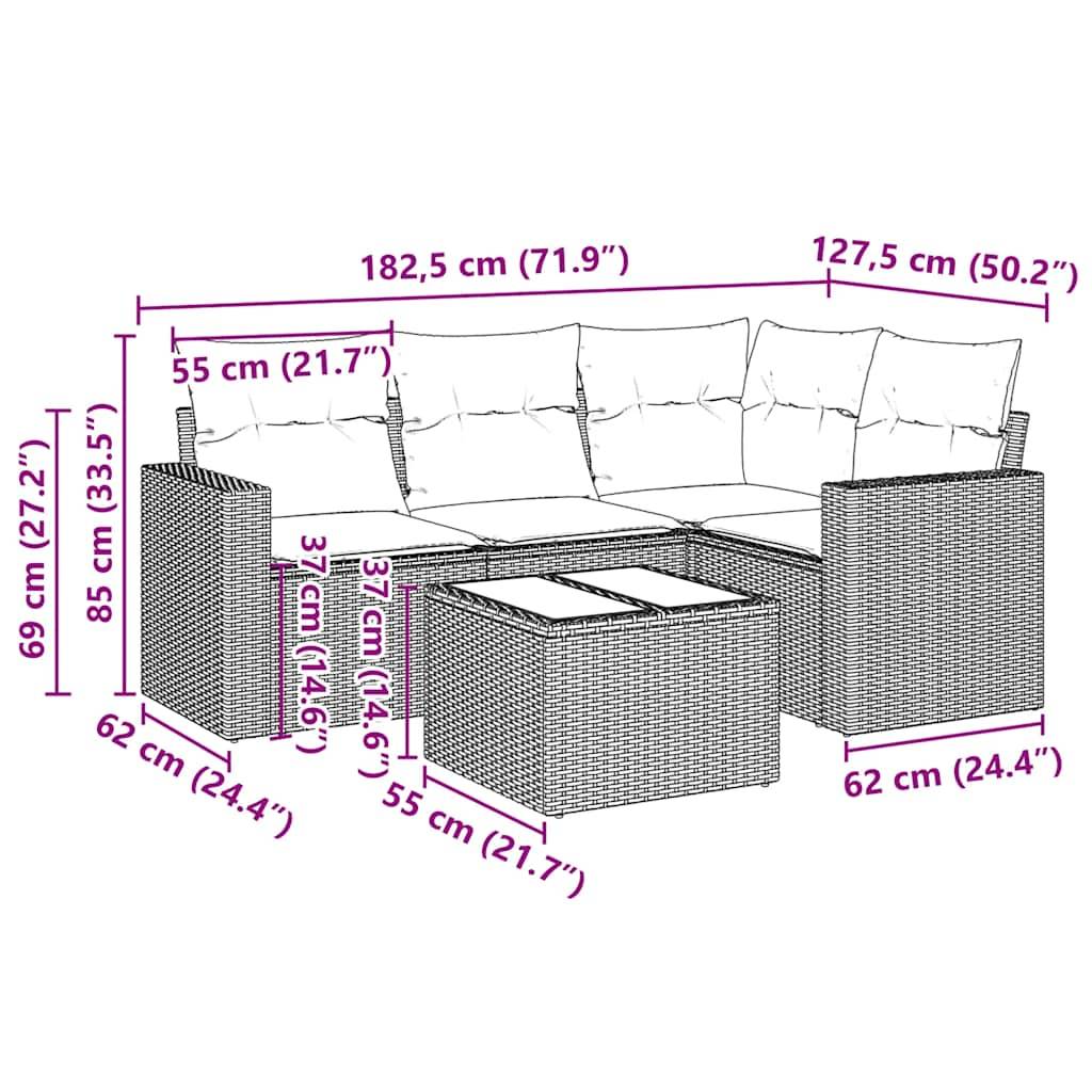 vidaXL 5-tlg. Garten-Sofagarnitur mit Kissen Schwarz Poly Rattan