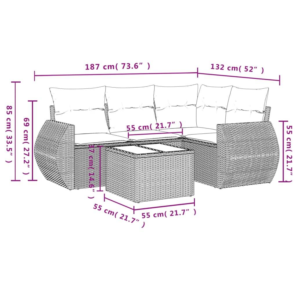vidaXL 5-teiliges Gartensofa-Set mit Kissen, grau, Polyrattan