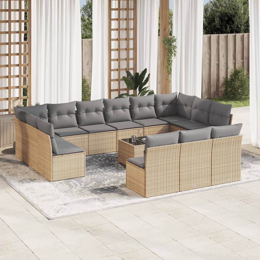 vidaXL 14-tlg. Garten-Sofagarnitur mit Kissen Beige Poly Rattan