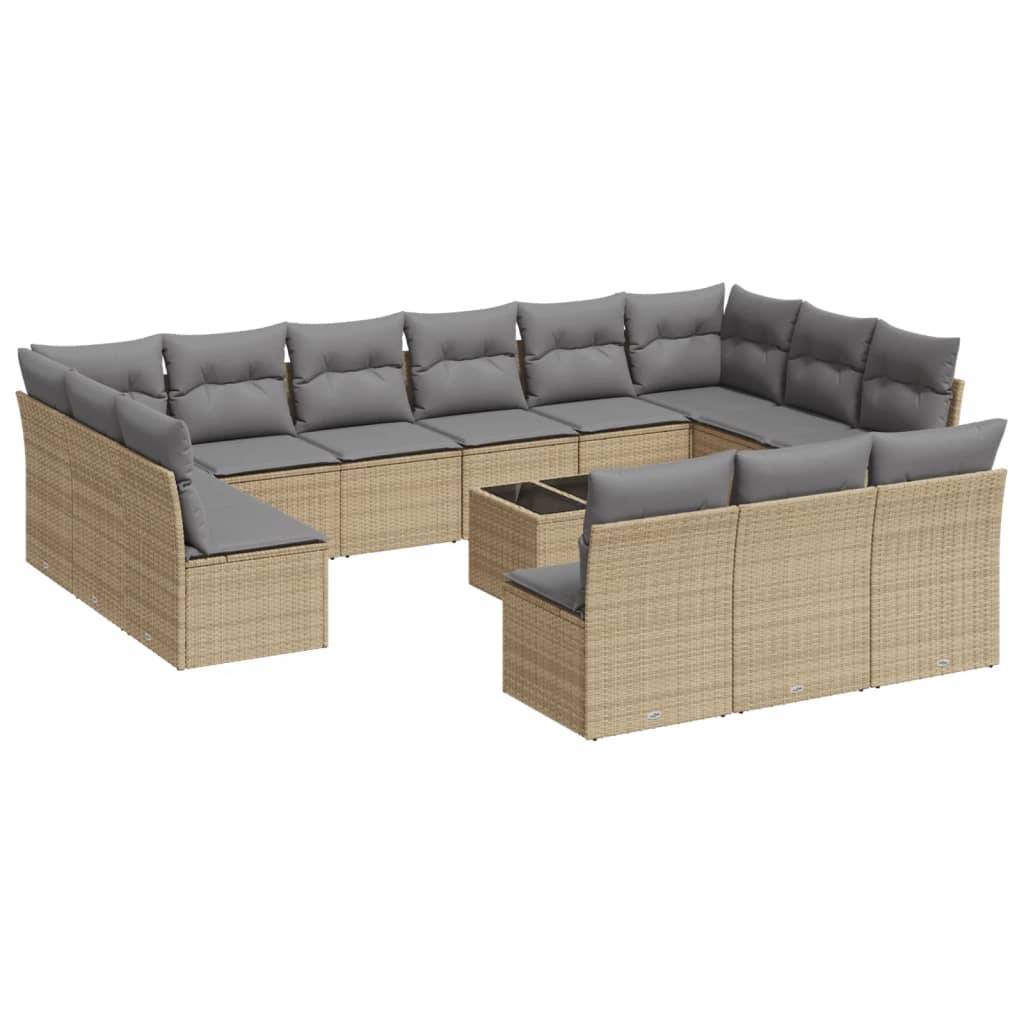 vidaXL 14-tlg. Garten-Sofagarnitur mit Kissen Beige Poly Rattan