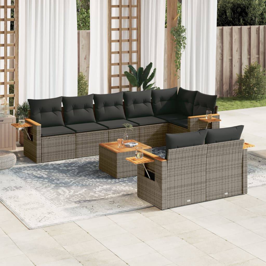 vidaXL 9-tlg. Garten-Sofagarnitur mit Kissen Grau Poly Rattan