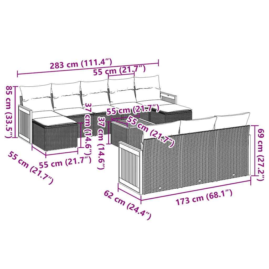 vidaXL 11-tlg. Garten-Sofagarnitur mit Kissen Schwarz Poly Rattan