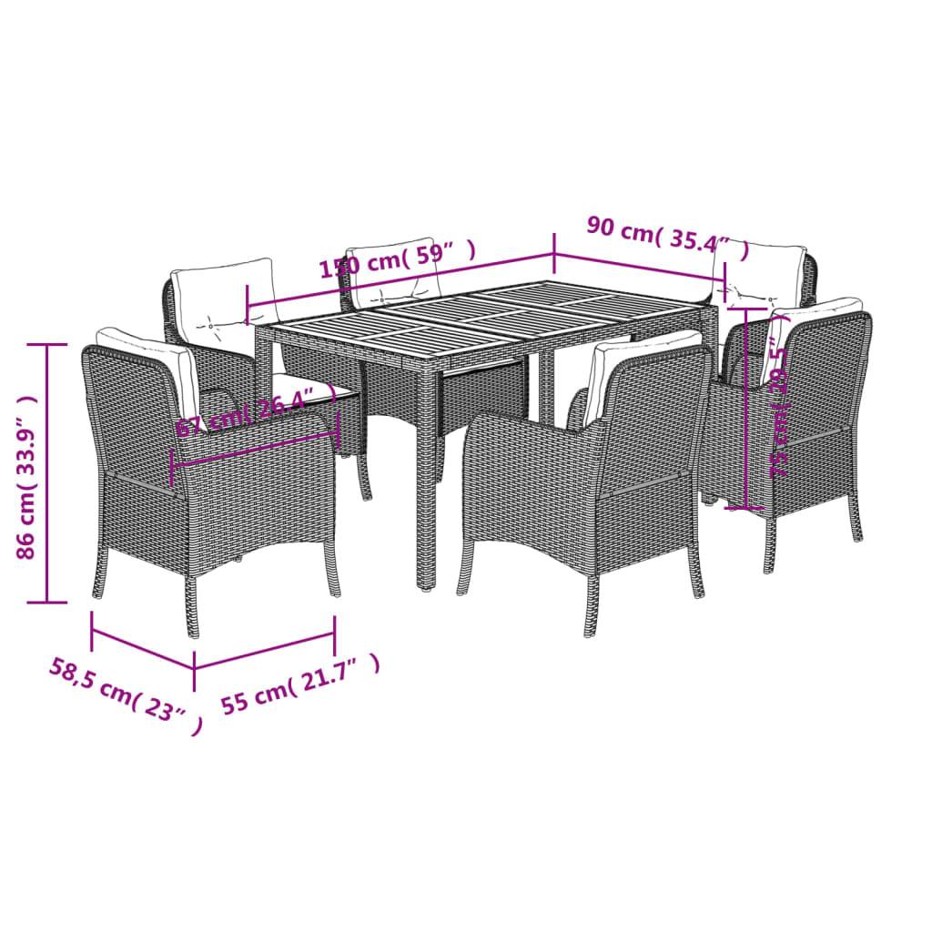 vidaXL 7-tlg. Garten-Essgruppe mit Kissen Grau Poly Rattan