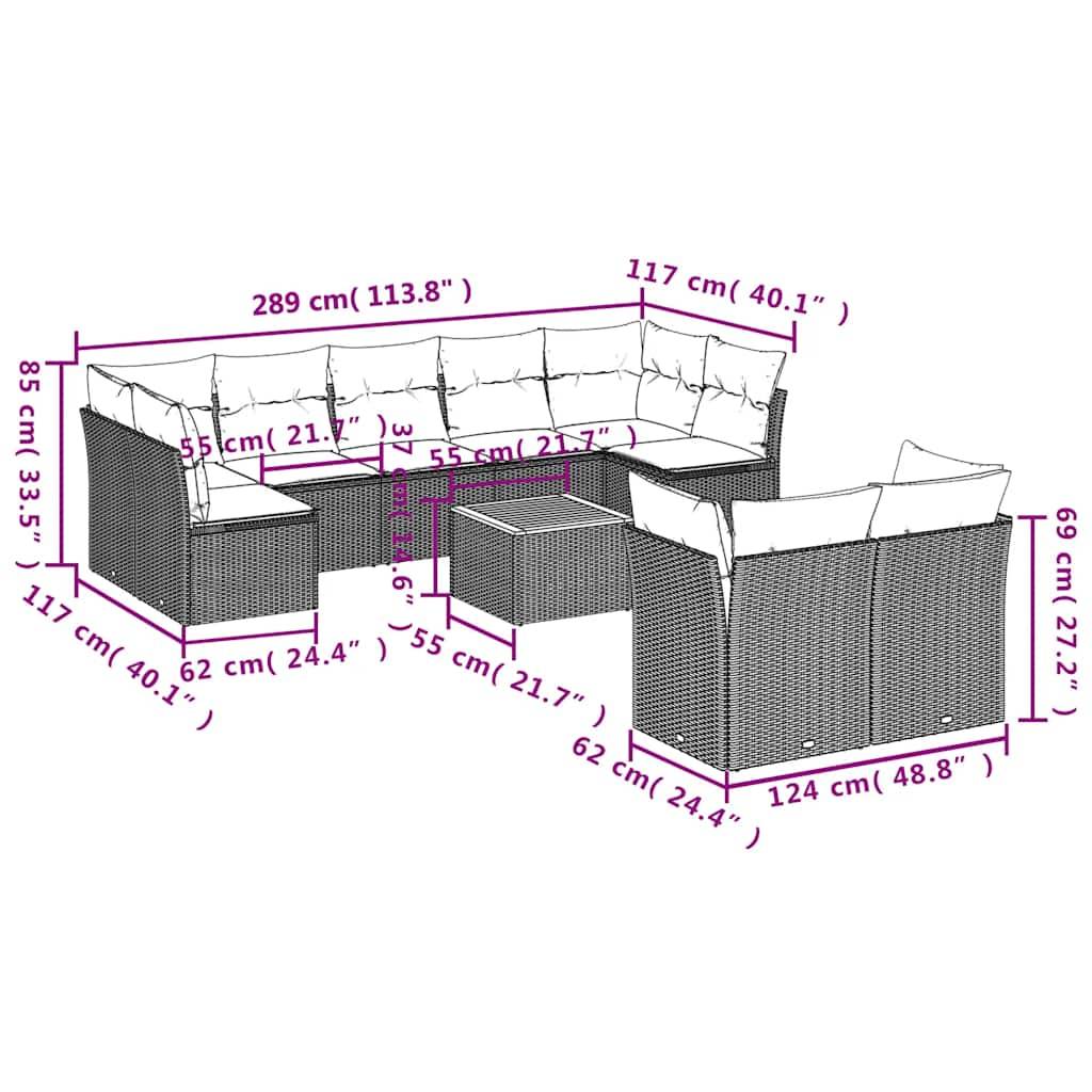 vidaXL 10-tlg. Garten-Sofagarnitur mit Kissen Schwarz Poly Rattan