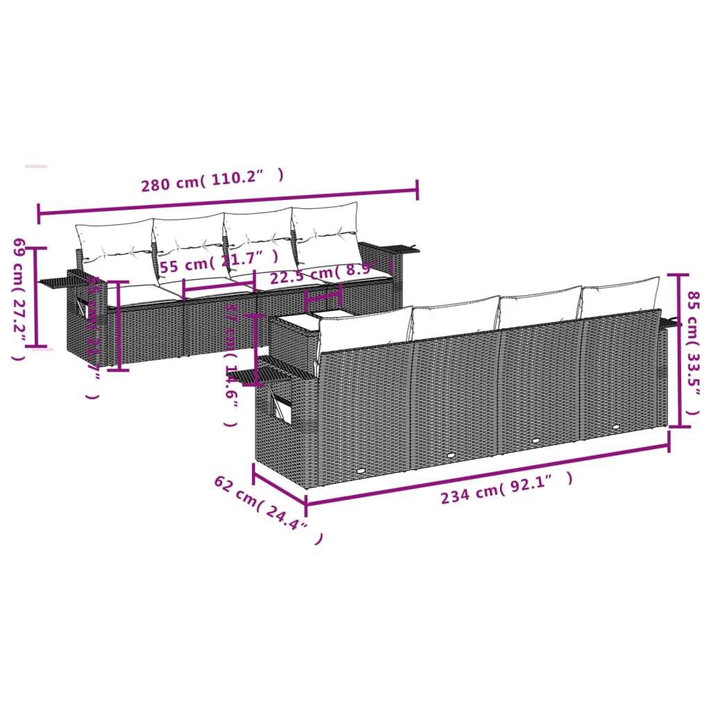vidaXL 9-tlg. Garten-Sofagarnitur mit Kissen Braun Poly Rattan