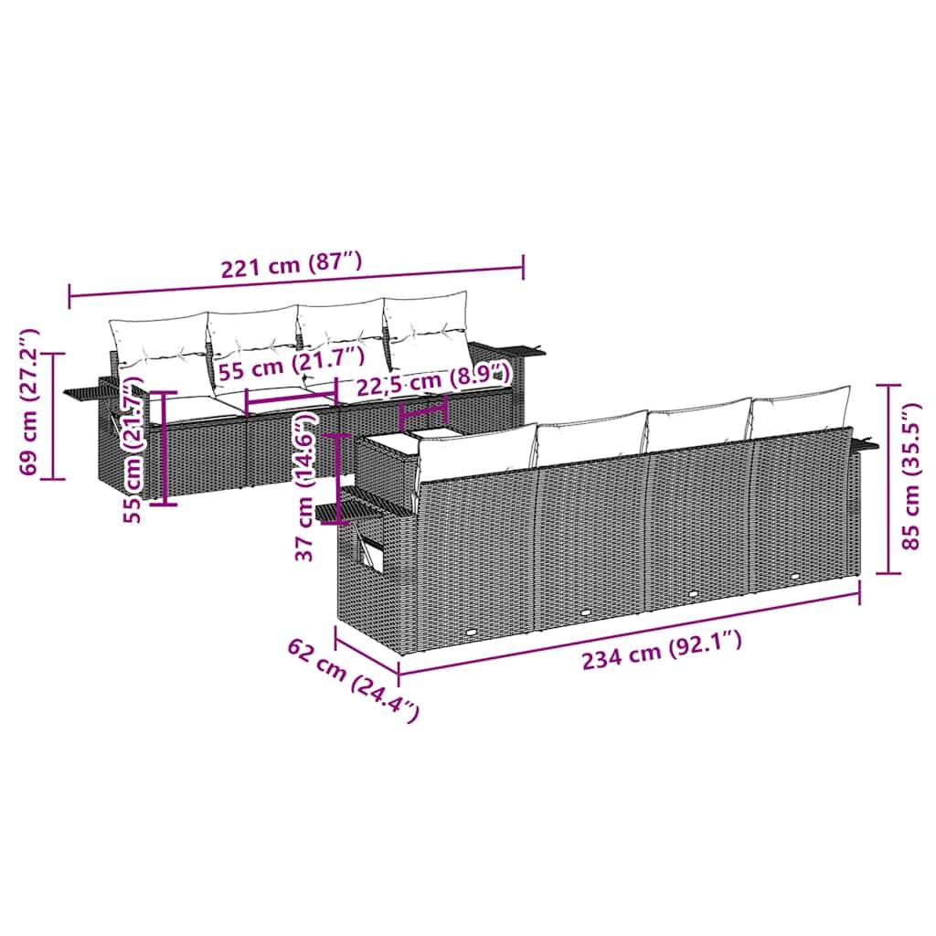 vidaXL 9-tlg. Garten-Sofagarnitur mit Kissen Schwarz Poly Rattan