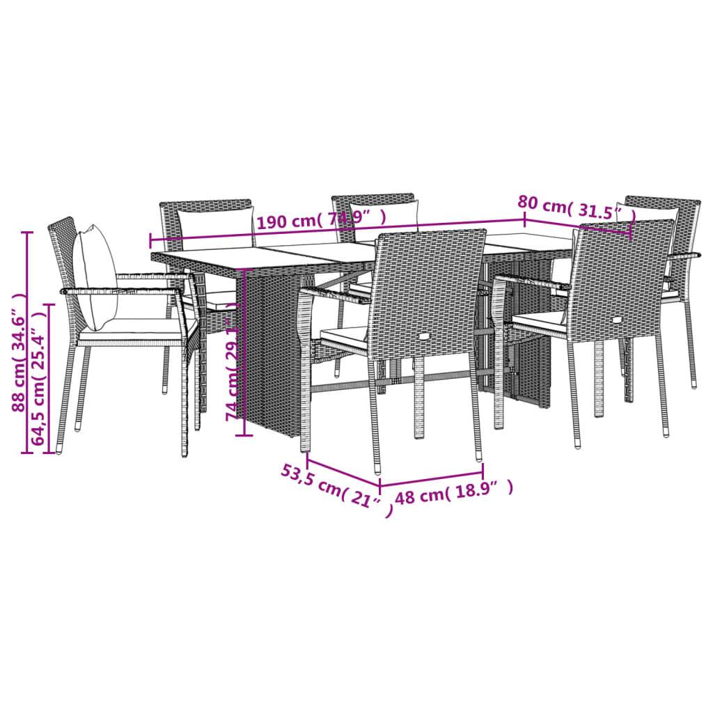 vidaXL 7-tlg. Garten-Essgruppe mit Kissen Schwarz Poly Rattan